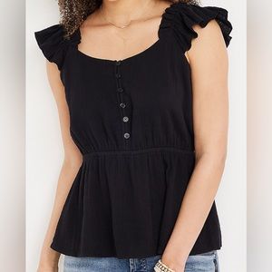 Solid Button Flutter Sleeve Peplum Tank Top ~ Black ~ Sz X-Large